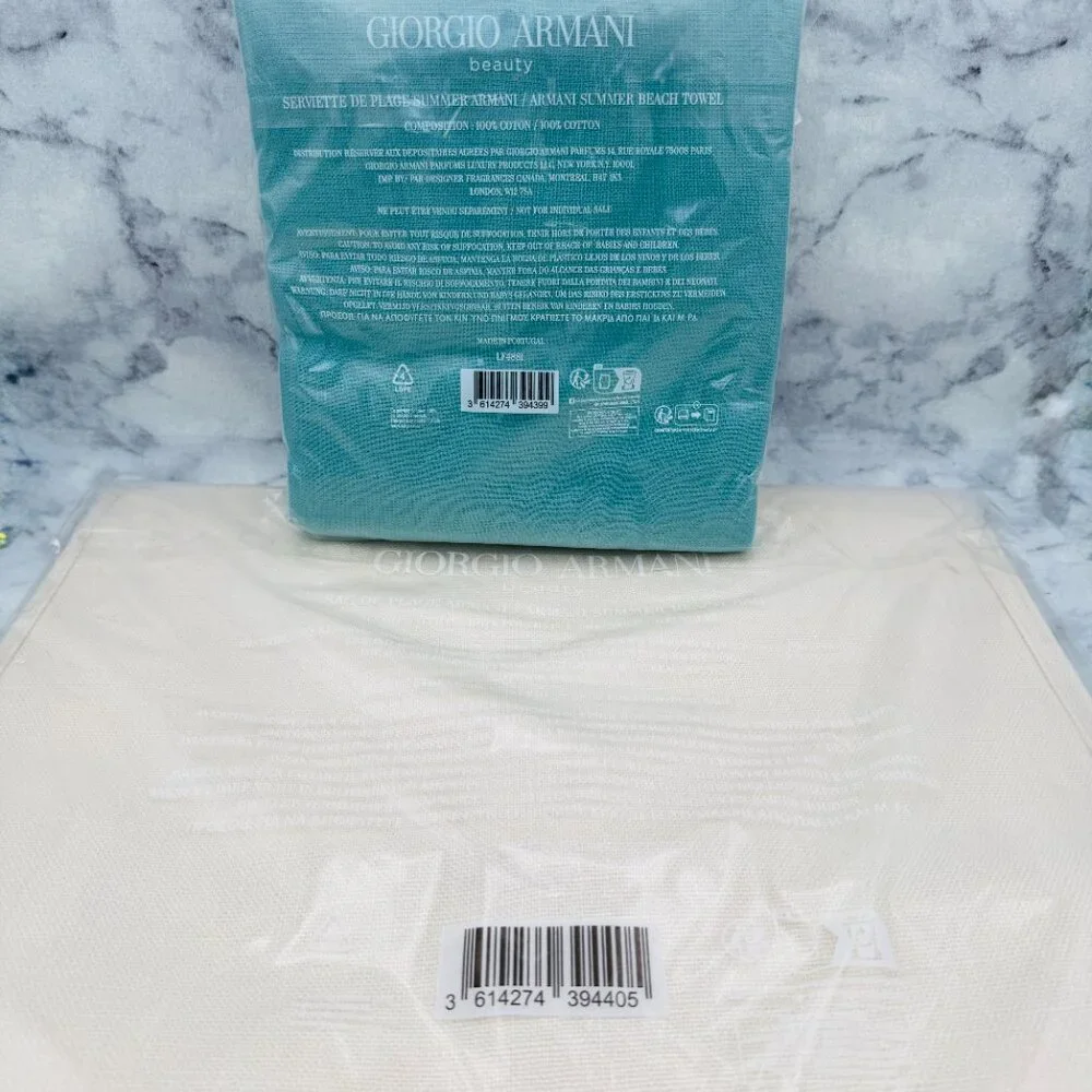 Giorgio Armani Beach Towel &Tote Set,Green Cotton Towel with Cream Bag,Boxed,NEW